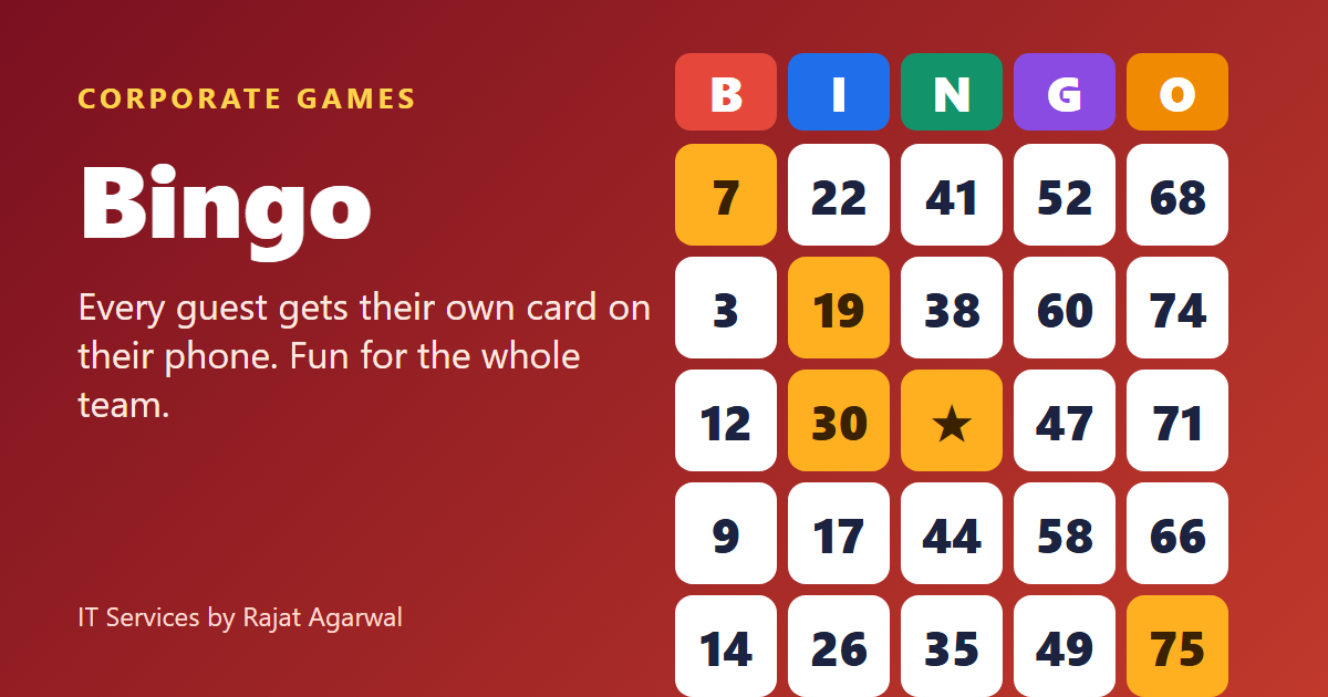 A Corporate Bingo card on a phone: a 5 by 5 grid under the letters B I N G O with a FREE center square